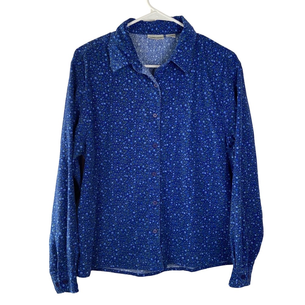 Cabin Creek‎ Blue Floral Corduroy Button Down Shirt Womens Large Cotton